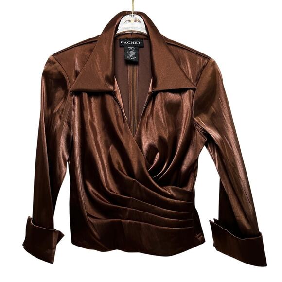 Cachet Tops - Vintage Cachet Wrap-Look Back-Zip Brown Metallic Dress Shirt 6